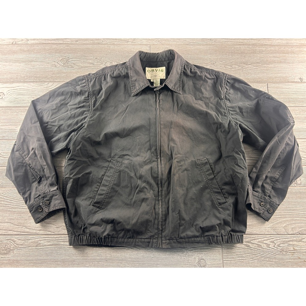 Orvis Mens XL Black Cotton Canvas Full Zip Field Jacket Mesh Lined Bomber